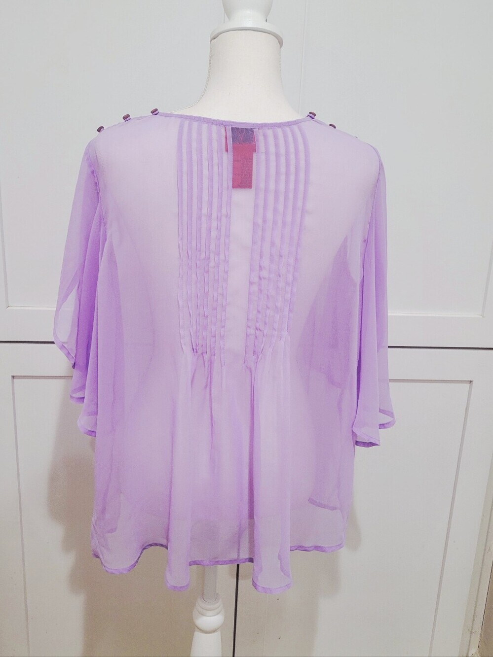 Cristina Sheer Lavender Pintuck V-Neck Flutter Sleeve Top | Size XL - Picture 4 of 8